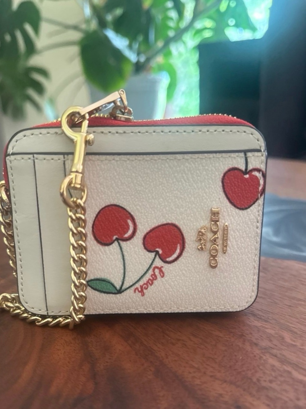 Coach White Cherry Print Leather Card Case with Gold Chain